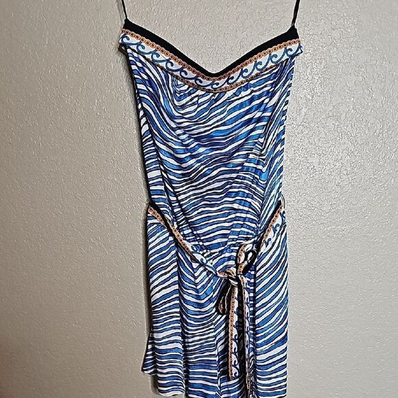 Trina Turk XS Silk Blend Strapless Romper Blue and White Striped with tie belt - Picture 3 of 10